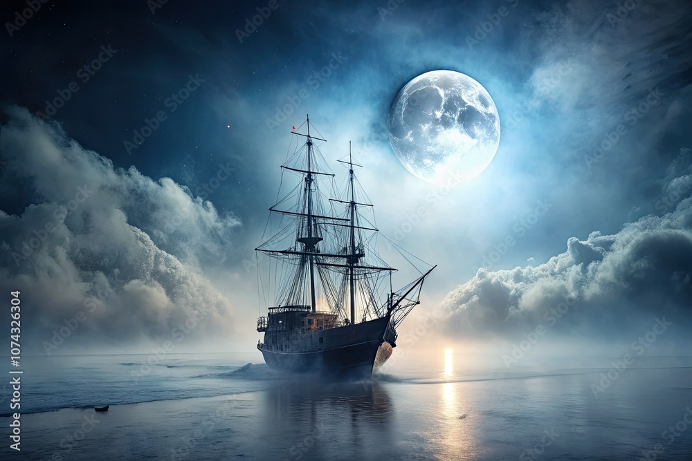 Ghost Ship in Fog at Midnight - Minimalist Photography for Mysterious Atmosphere Ghost Ship in Fog at Midnight - Minimalist Photography for Mysterious Atmosphere