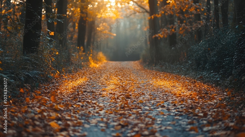 Golden light illuminating forest path covered with fallen leaves in autumn