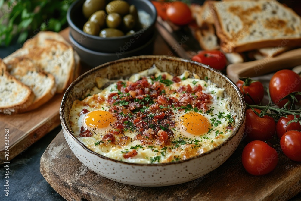 Delicious baked eggs with bacon, cheese and herbs for tasty breakfast Delicious baked eggs with bacon, cheese and herbs for tasty breakfast