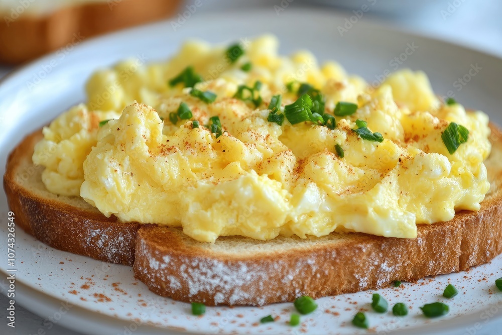 Scrambled eggs with chives and paprika resting on toasted bread for a healthy breakfast