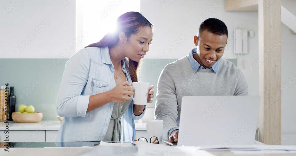 Couple, laptop and happy in home for ecommerce, travel planning or excited for online booking hotel. Man, woman or coffee at computer for shopping checkout, payment platform or pleased with promotion Couple, laptop and happy in home for ecommerce, travel planning or excited for online booking hotel. Man, woman or coffee at computer for shopping checkout, payment platform or pleased with promotion