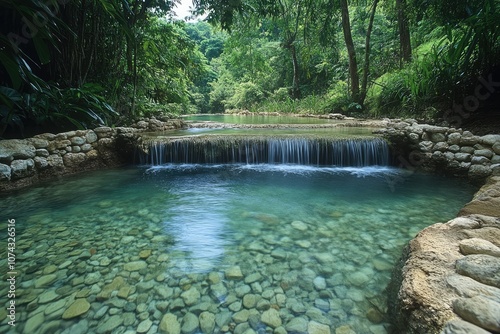 Semuc champey natural monument in guatemala shows its crystalline turquoise water flowing photo