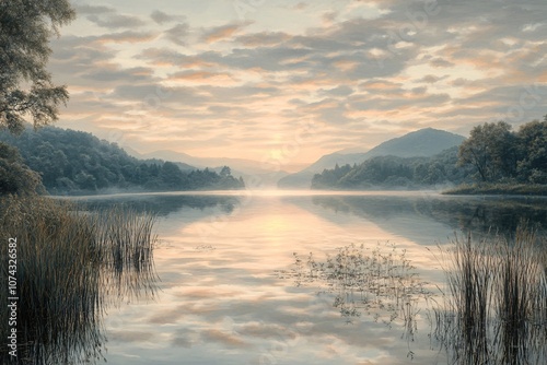 Serene Sunrise over a Tranquil Lake with Mountain Reflections