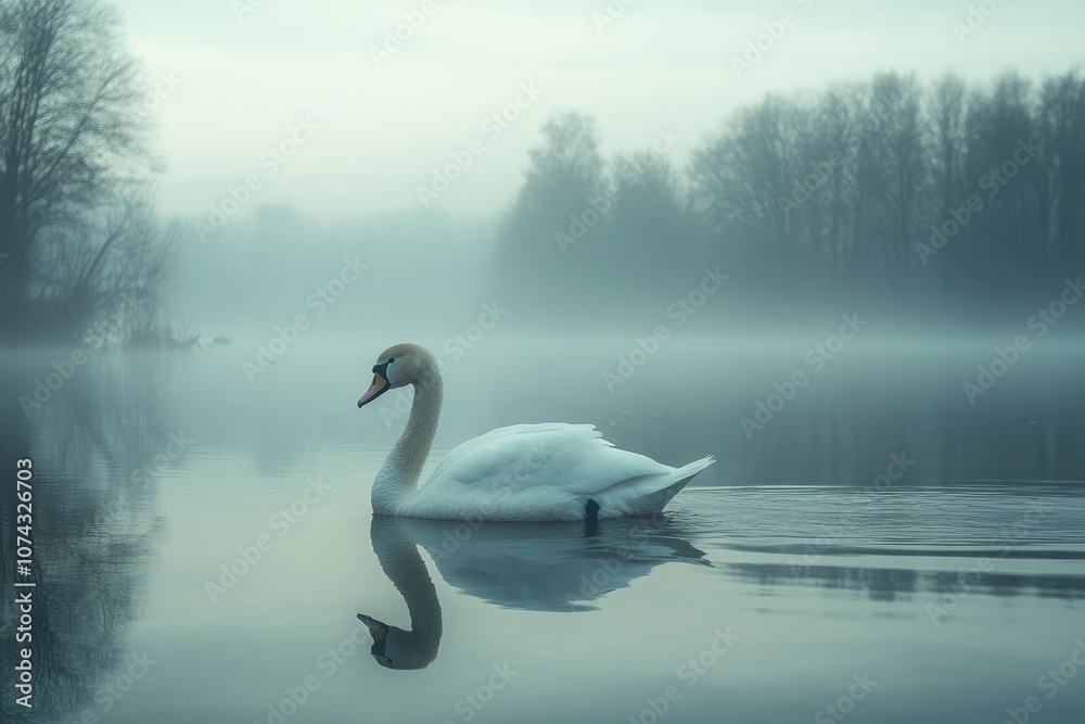White swan swimming on misty lake at dawn White swan swimming on misty lake at dawn