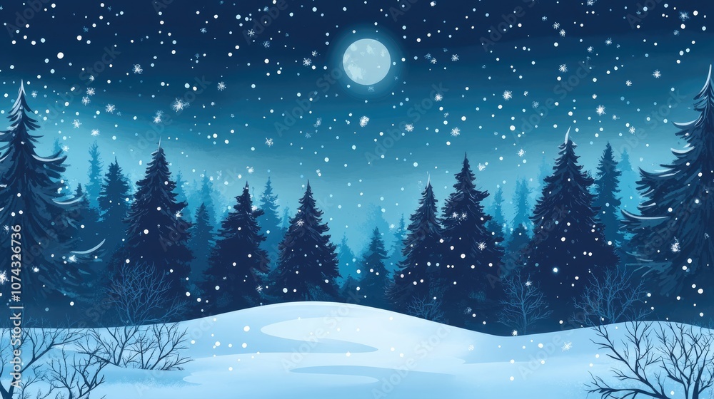 Snowy forest scene under a winter night sky with fir branches Snowy forest scene under a winter night sky with fir branches
