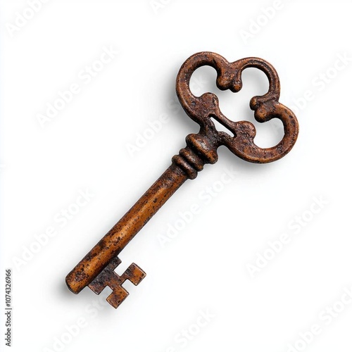 A photostock of an old-fashioned iron key, isolated on white background, High Quality