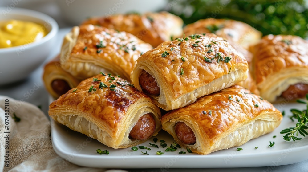Sausage rolls wrapped in golden puff pastry sprinkled with thyme and mustard dip Sausage rolls wrapped in golden puff pastry sprinkled with thyme and mustard dip
