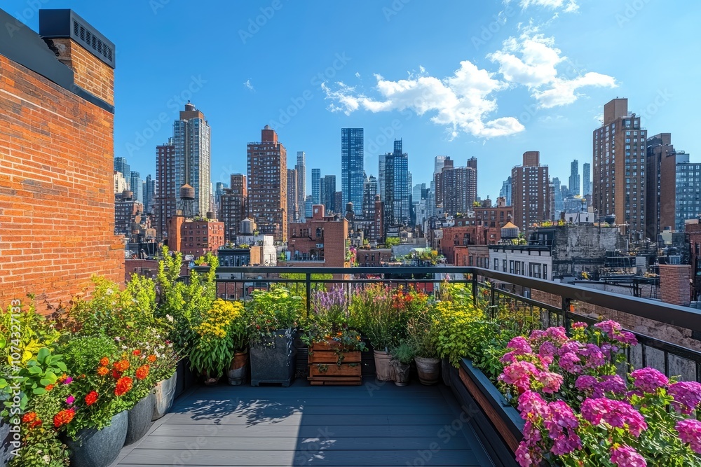 Fototapeta premium Rooftop garden overlooking manhattan skyline on sunny day