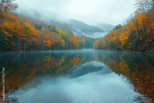 Fog covering lake and colorful autumn trees