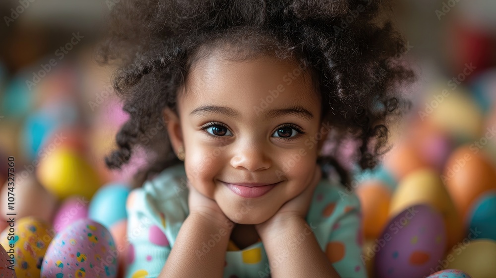 Happy toddler girl lying on easter eggs smiling and having fun: Happy toddler girl lying on easter eggs smiling and having fun: