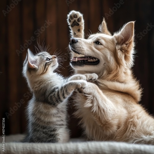 A playful dog and cat enjoy a fun time together, acting like best friends.