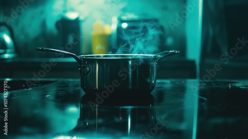 A steaming pot sits on a reflective surface in a dimly lit kitchen. photo