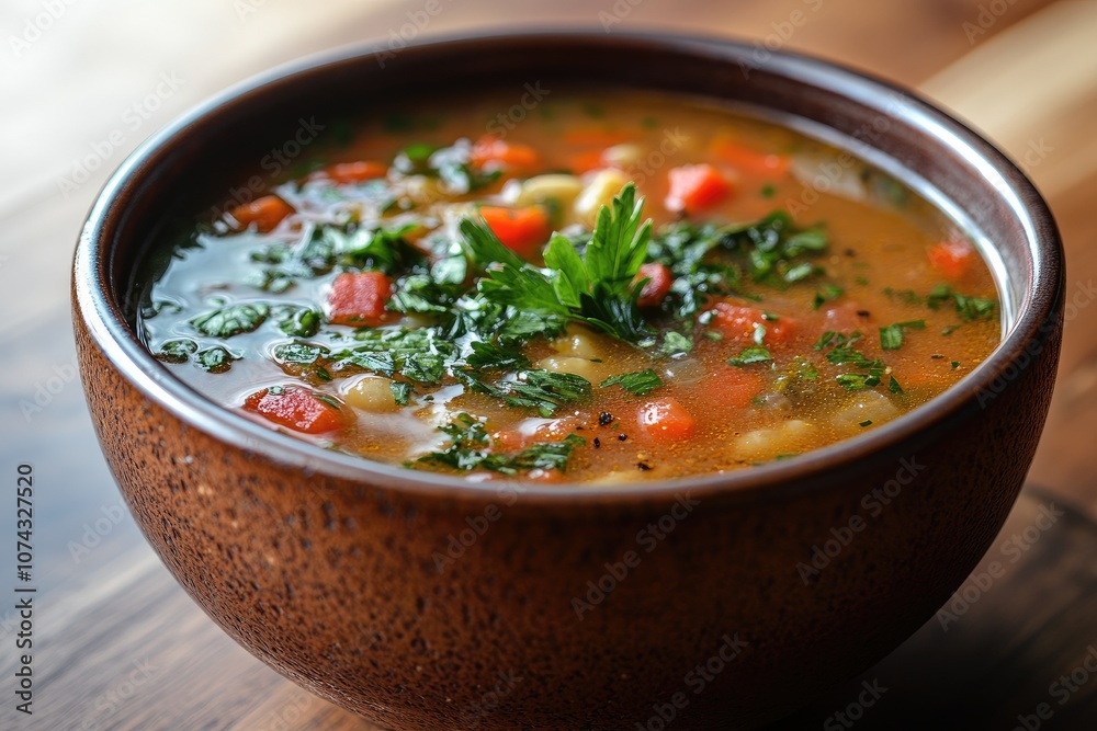 Steaming hot bowl of tomato soup garnished with fresh parsley and ground beef Steaming hot bowl of tomato soup garnished with fresh parsley and ground beef