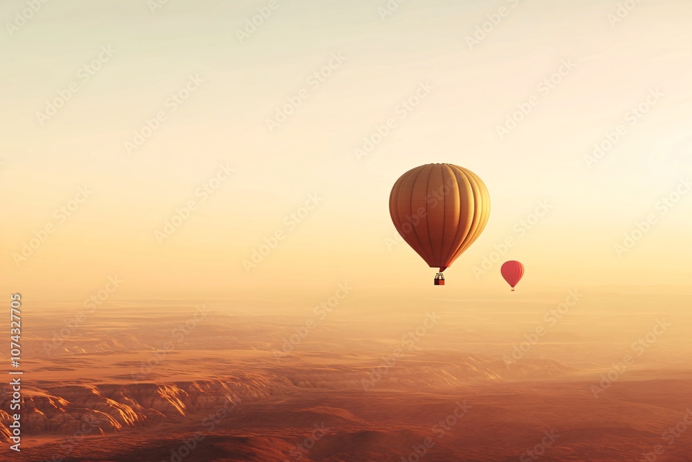 Fototapeta premium Hot Air Balloons Soaring Over a Desert Landscape at Sunrise