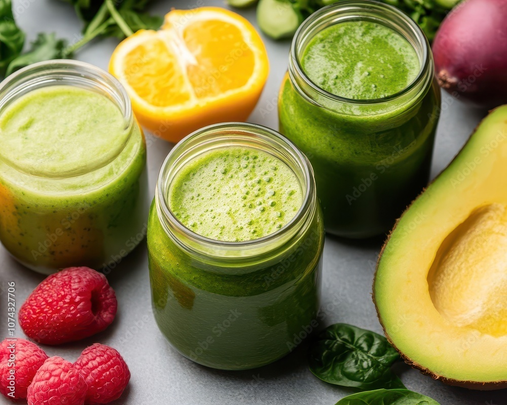 A vibrant display of green smoothies in jars, surrounded by fresh fruits and leafy greens, promoting a healthy lifestyle and nutritious eating. A vibrant display of green smoothies in jars, surrounded by fresh fruits and leafy greens, promoting a healthy lifestyle and nutritious eating.