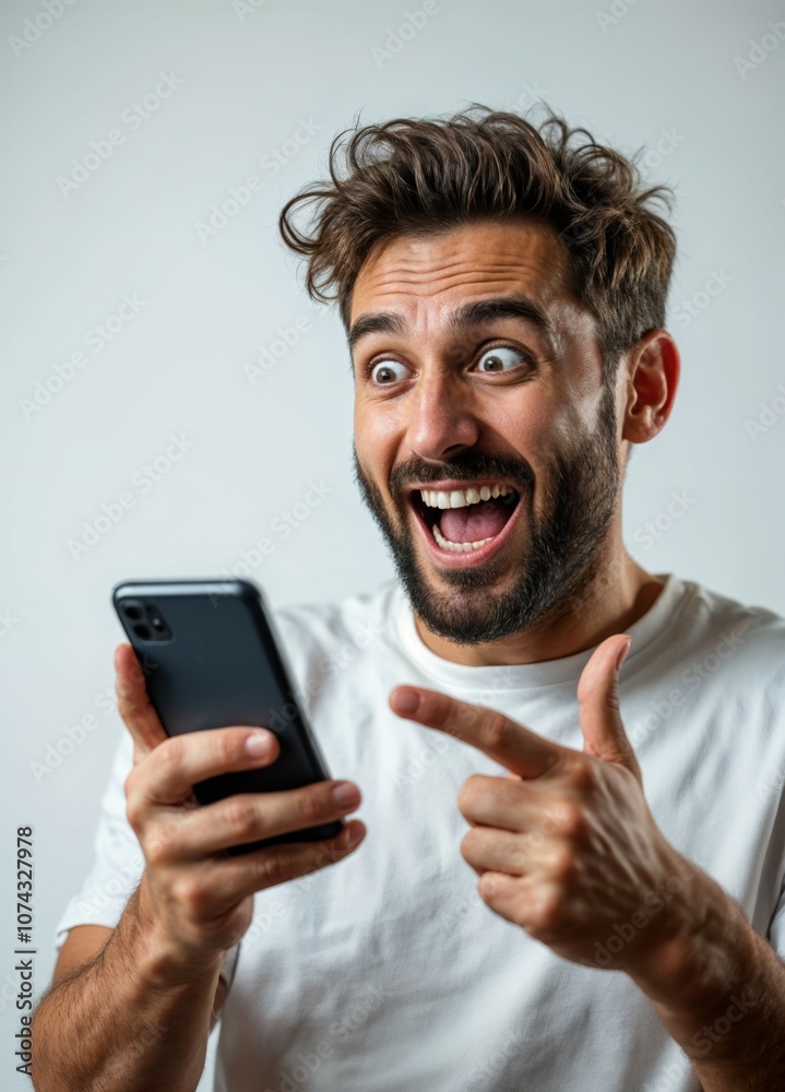 Tech Enthusiasm: Excited Man Showcasing Smartphone Tech Enthusiasm: Excited Man Showcasing Smartphone