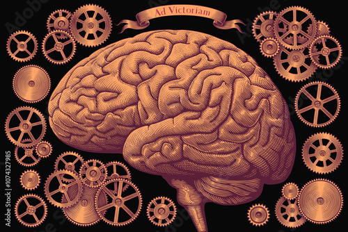 Human brain and mechanism. Design set. Editable hand drawn illustration. Vector vintage engraving. Isolated on black background. 8 EPS