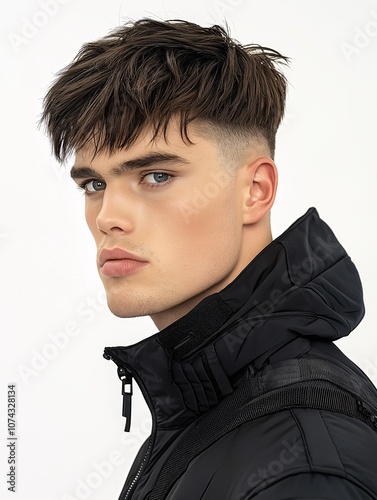 Stylish Young Man with Modern Haircut Posing in Black Jacket on White Background for Fashion and Lifestyle Concepts in Stock Photography