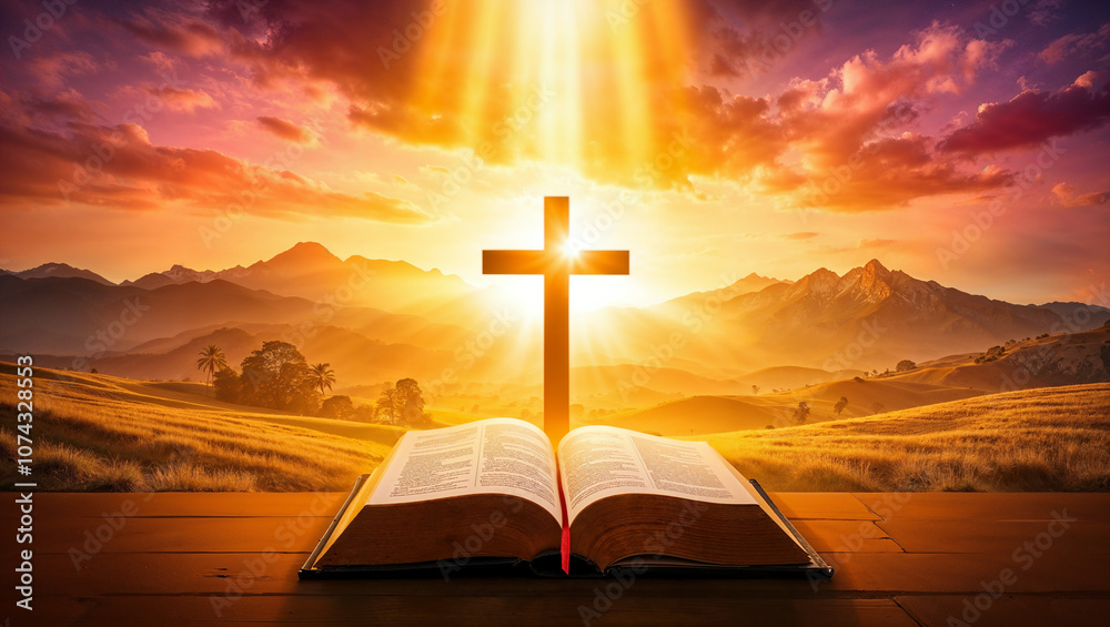 A tranquil scene with golden lights raining from the sky over the cross, an opened bible and the valley