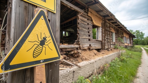 Termite Warning Sign Near Wooden Structure in Rural Area. Generative AI