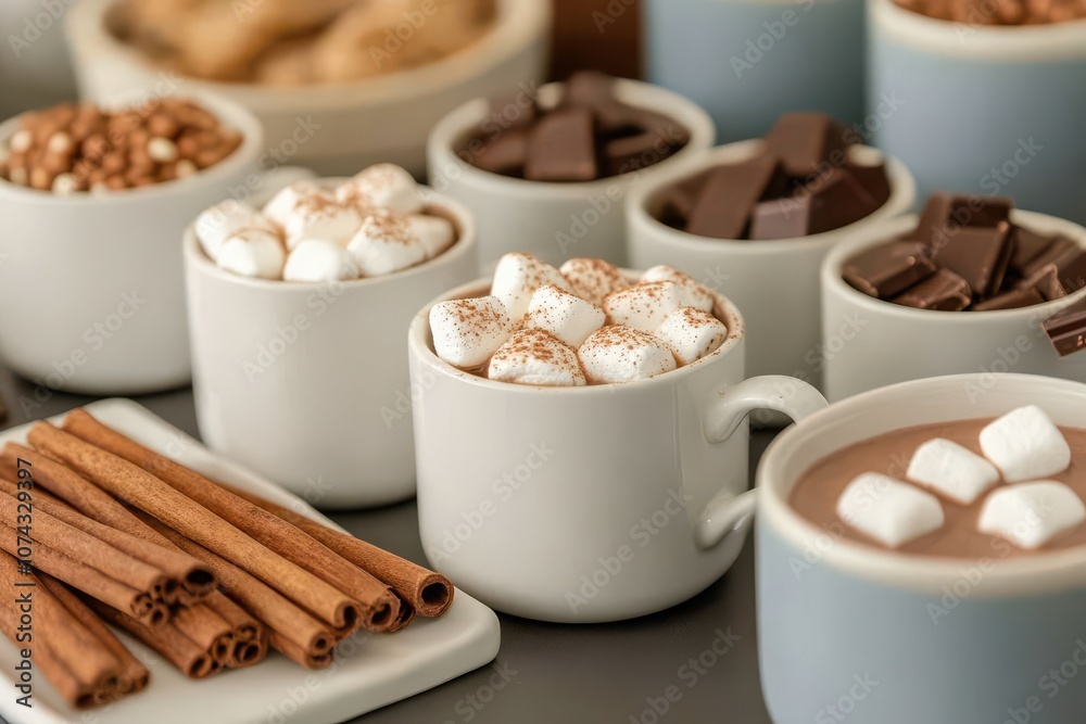 A cozy display of hot chocolate with marshmallows, chocolate pieces, and cinnamon sticks, perfect for a comforting winter treat. A cozy display of hot chocolate with marshmallows, chocolate pieces, and cinnamon sticks, perfect for a comforting winter treat.