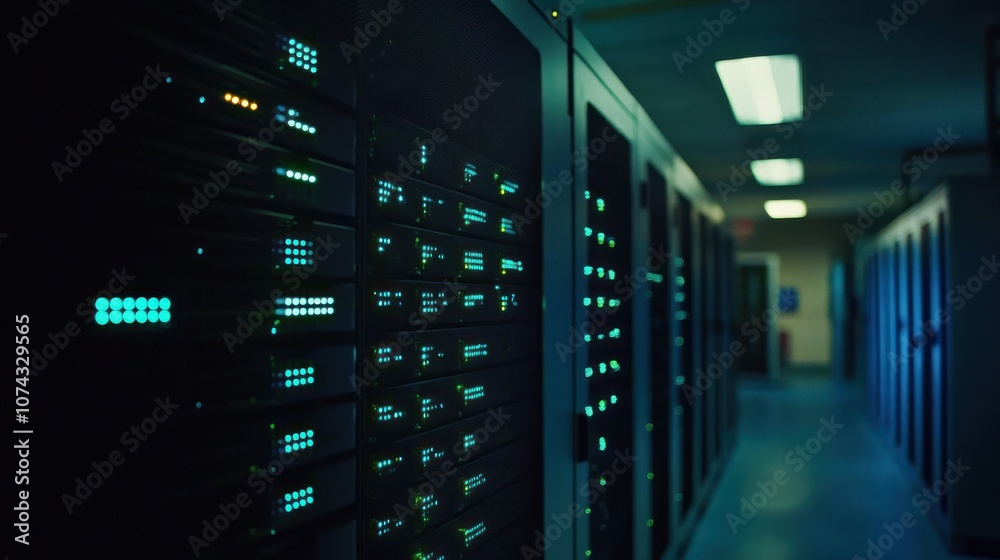 A dimly lit server room with rows of servers displaying blue and green lights. A dimly lit server room with rows of servers displaying blue and green lights.