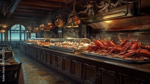 All You Can Eat Seafood Buffet in Elegant Restaurant Setting