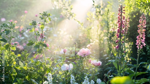 Serene Garden with Mist and Sunlight Filtering