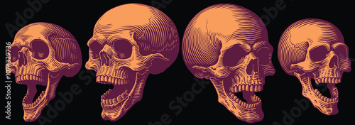 Screaming Skulls. Design set. Editable hand drawn illustration. Vector vintage engraving. Isolated on black background. 8 EPS