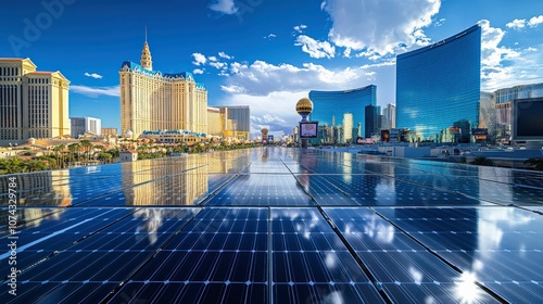 Solar Panels Gleam With the Vibrant Las Vegas Strip Reflected Above. Generative AI