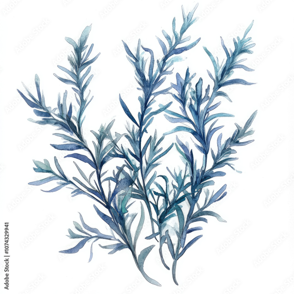 Naklejka premium Watercolor Charming Blue Sagebrush Leaves Illustration