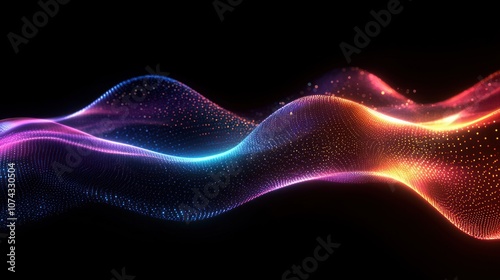 Digital background with smooth waves of bright neon lines on a dark surface, forming a sense of motion and digital energy