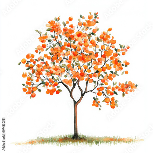 Watercolor Lovely Orange Crabapple Tree Illustration