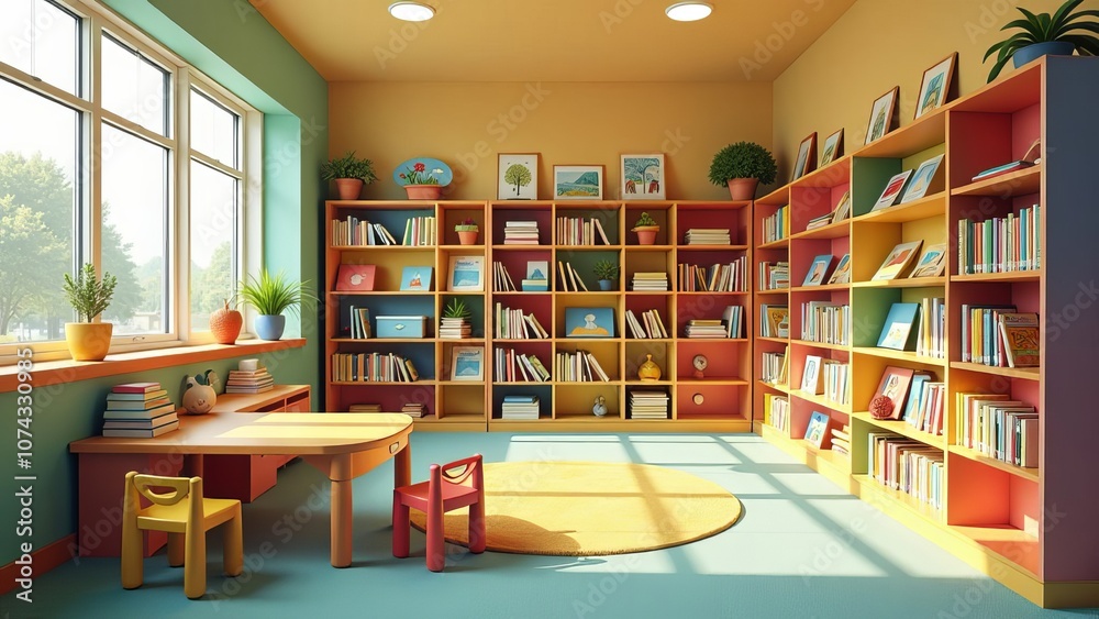 A bright and colorful room with a large library and a few small tables
