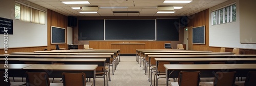 A traditional classroom with wooden desks, chairs, and a large green chalkboard waiting for students
 photo