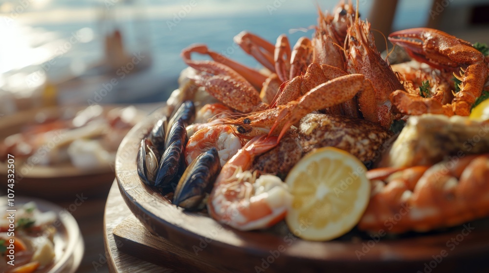 Freshly caught seafood platter served outdoors Freshly caught seafood platter served outdoors