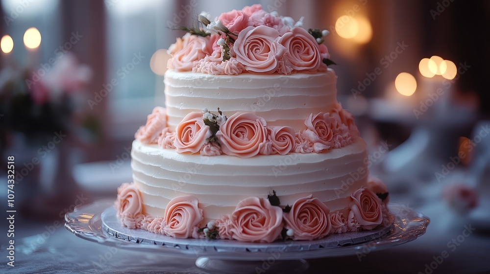 A three-tier wedding cake with pink roses and buttercream frosting. A three-tier wedding cake with pink roses and buttercream frosting.