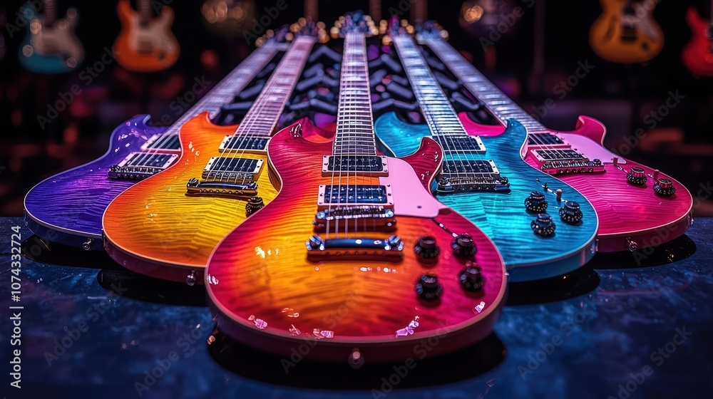 A vibrant display of different colored electric guitars arranged neatly for music enthusiasts during a lively event