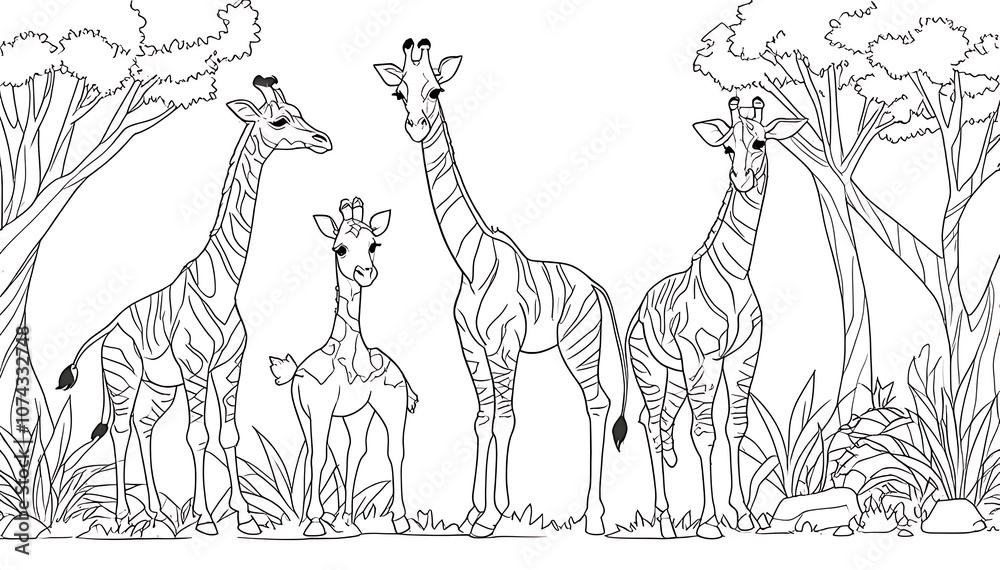 Fototapeta premium “Playful Zoo Animals Coloring Page” – Simple Line Drawing of Zoo Animals Including a Giraffe, Zebra, and Parrot for Kids’ Coloring on a White Background