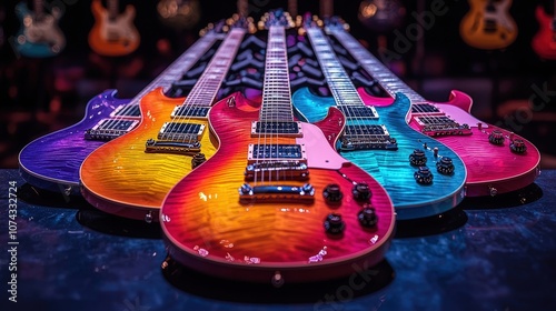 Obraz na płótnie A vibrant display of different colored electric guitars arranged neatly for music enthusiasts during a lively event w salonie