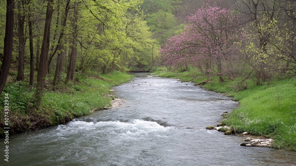 Tranquil Stream Flowing Through Lush Green Forest Tranquil Stream Flowing Through Lush Green Forest