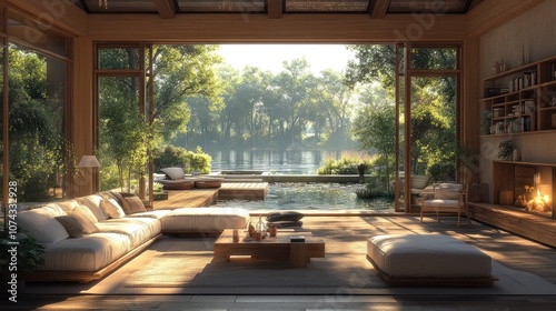 Serene living space with large windows overlooking a tranquil lake.