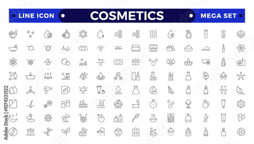 Cosmetics Outline icons set. Moisture cream, acid, anti wrinkle serum, ceramide, collagen, retinol compound, sunscreen vector illustration. Outline signs for skincare products property.