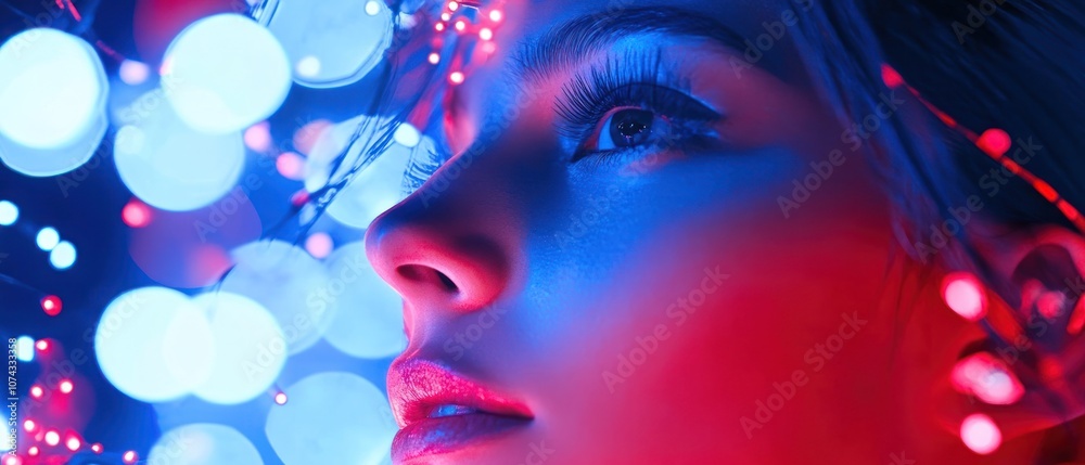 A close-up portrait of a woman illuminated by colorful lights, highlighting her features. A close-up portrait of a woman illuminated by colorful lights, highlighting her features.