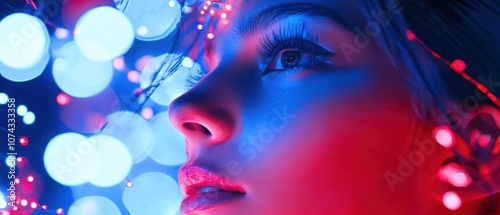 A close-up portrait of a woman illuminated by colorful lights, highlighting her features.