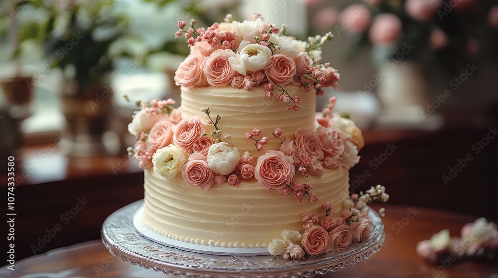 Two-tier wedding cake with pink and white flowers. Two-tier wedding cake with pink and white flowers.