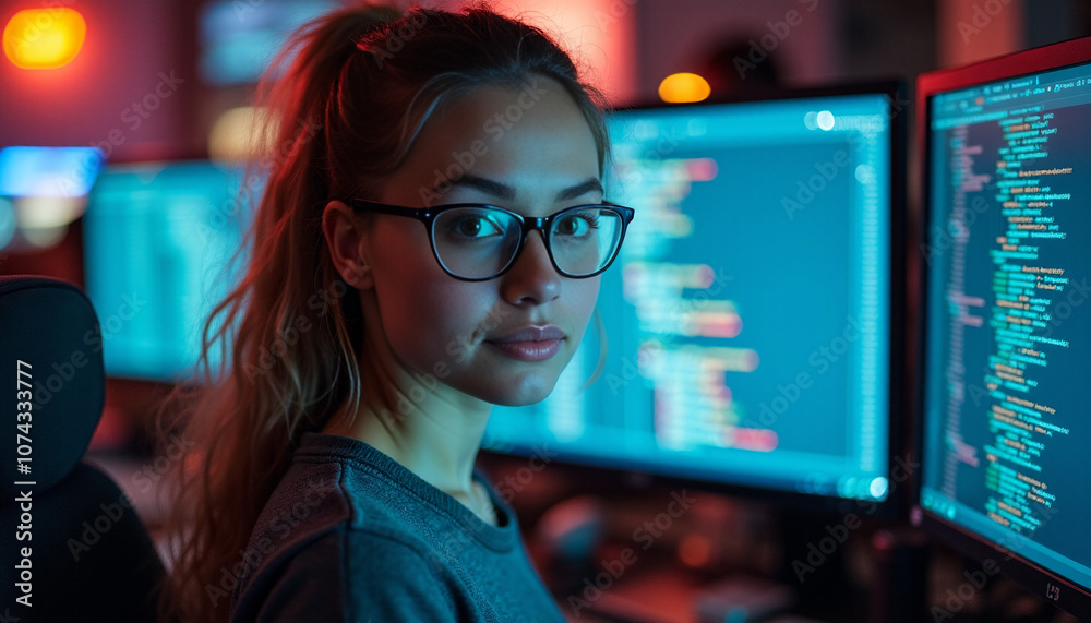 Female Software Engineer Reviewing Code on Monitors