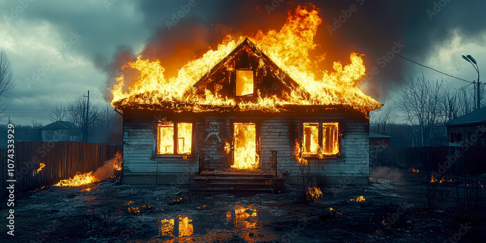 Burning house standing alone , backyard at night. AI generative. Burning house standing alone , backyard at night. AI generative.