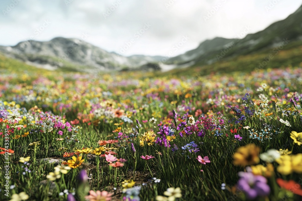 Fototapeta premium Vibrant Wildflowers Bloom in a Mountain Meadow