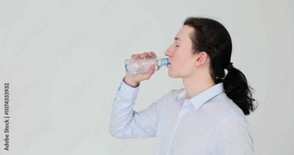 A young man drinks water from a plastic bottle on white background